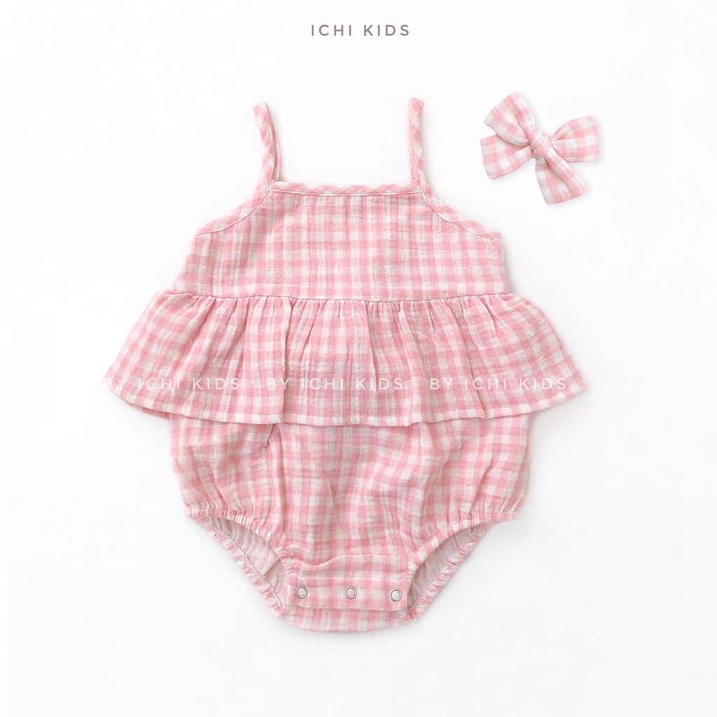 Romper họa tiết caro cho bé gái, vải xô muslin