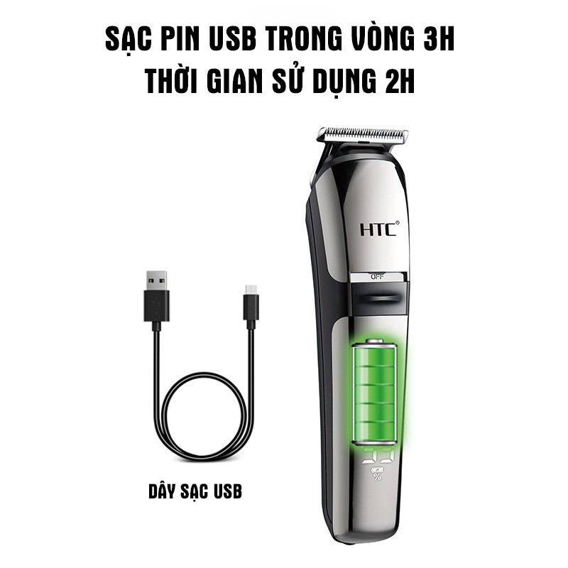 ✨SALE SỐC✨Tông đơ cắt tóc, cạo râu kiêm chấn viền chính hãng HTC, đầu sạc USB cao cấp tiện dụng, tặng kèm 8 phụ kiện