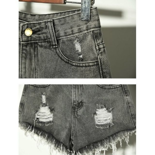 Quần short jean nữ cào xước lỗ không điều râu mèo cạp cao