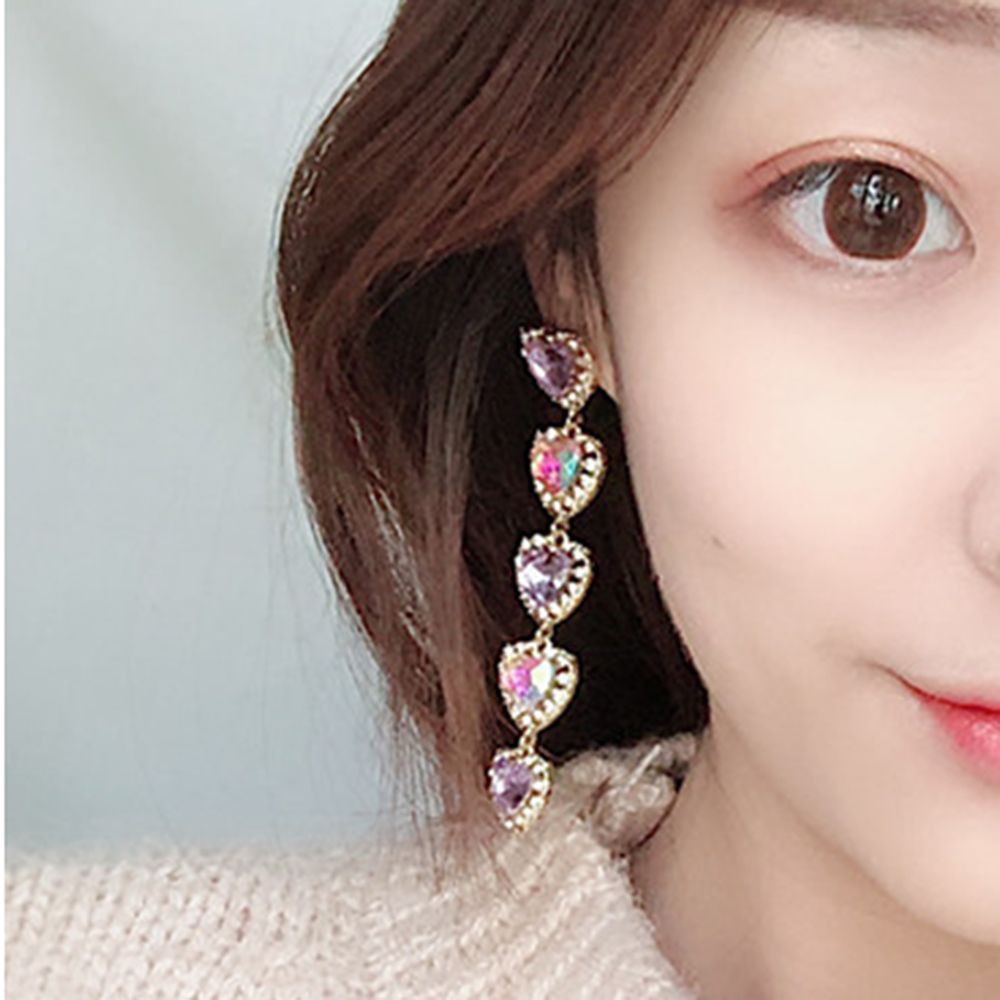 Hoa tai dáng dài gắn pha lê hình trái tim thời trang cho nữ