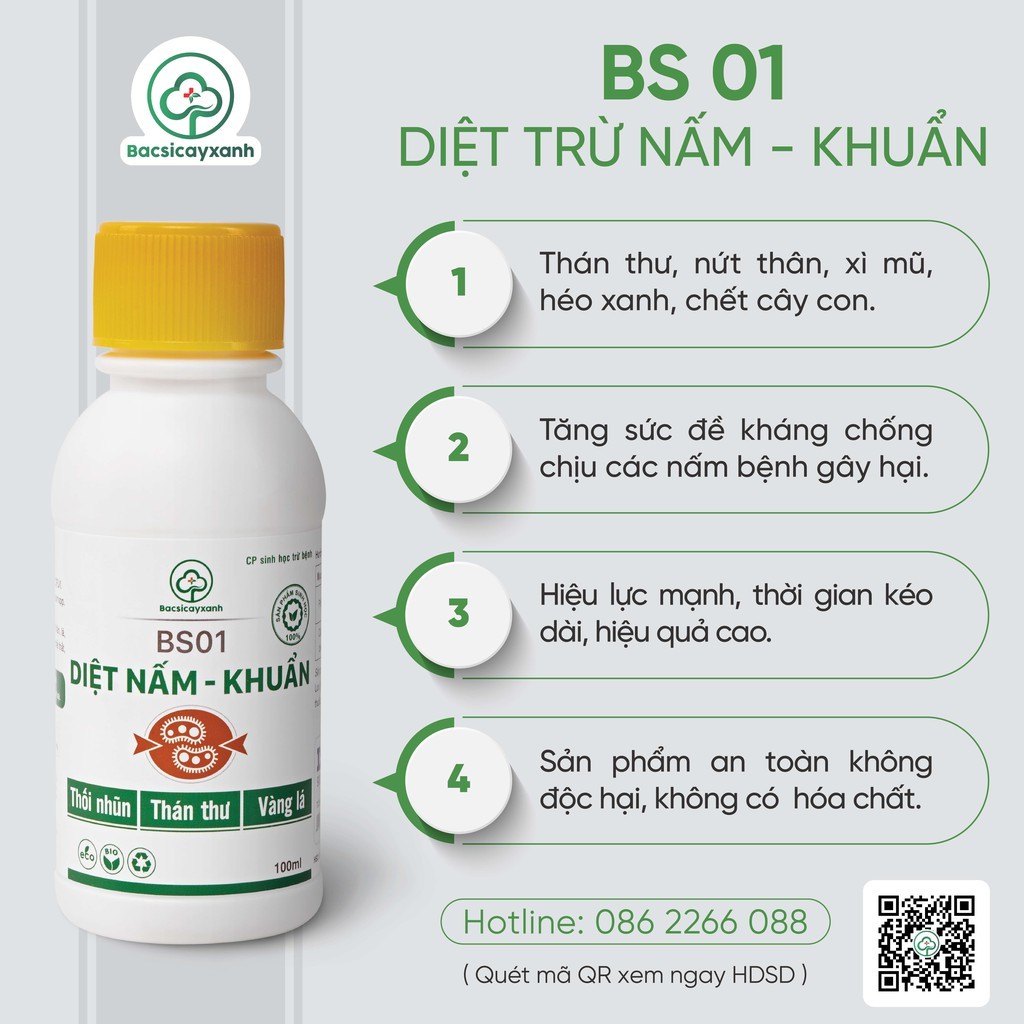 Đặc trị nấm khuẩn -  thối nhũn, thán thư, nứt thân, xì mủ cho cây trồng - Chế phẩm sinh học BS01 - 100ml