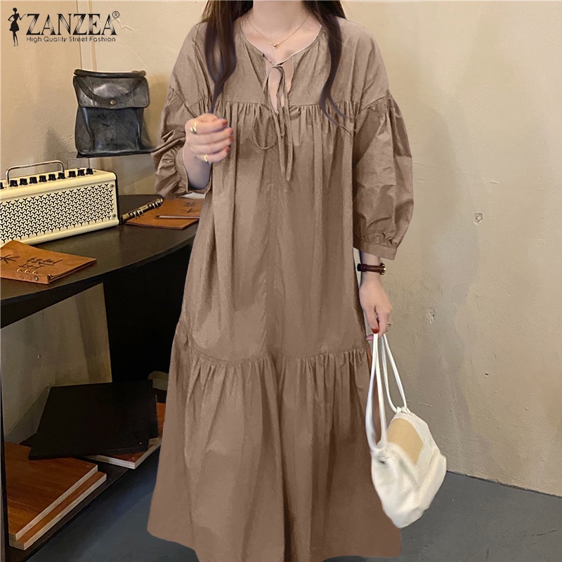 Đầm maxi ZANZEA dáng rộng cổ tròn tay lửng màu trơn thời trang dạo phố Hàn Quốc