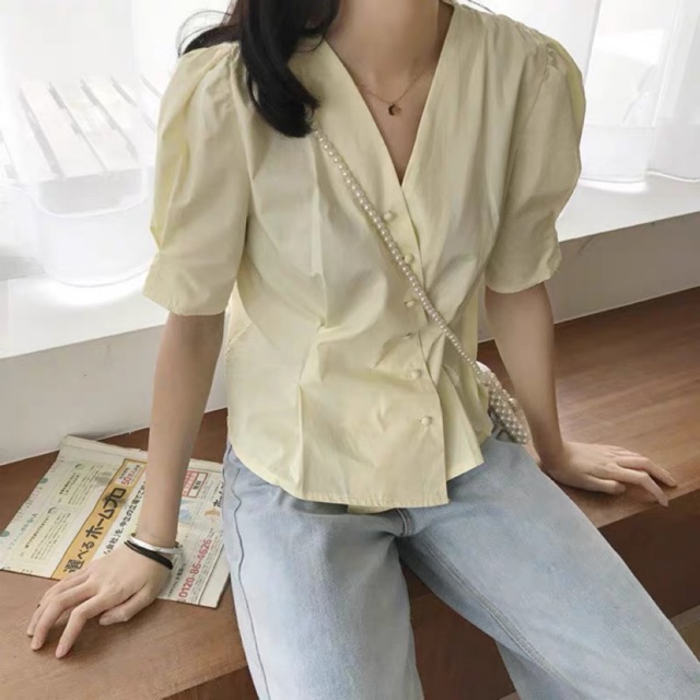 Áo sơ mi thô chéo cổ cúc đóng mở hàng Quảng châu