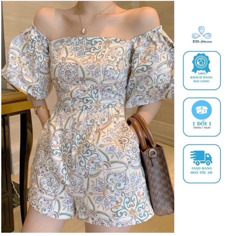 Jumpsuit Hoạ Tiết Tay Phồng Phong Cách Pháp