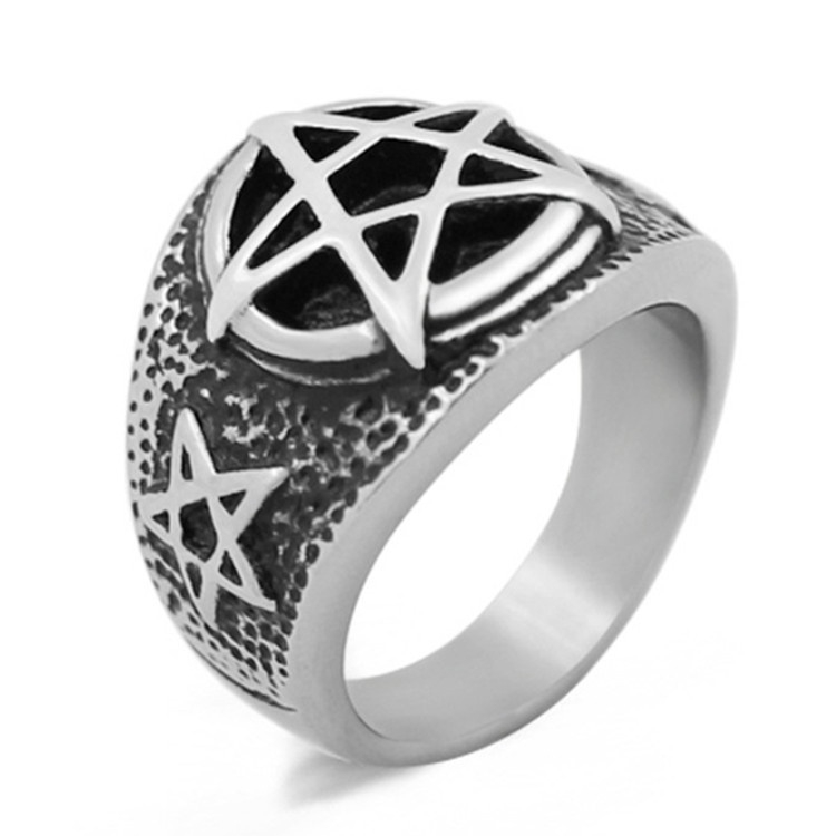 Stainless Steel Gothic Punk Satan Inverted Pentagram Satanic Symbol Vintage Biker Star Ring Jewelry