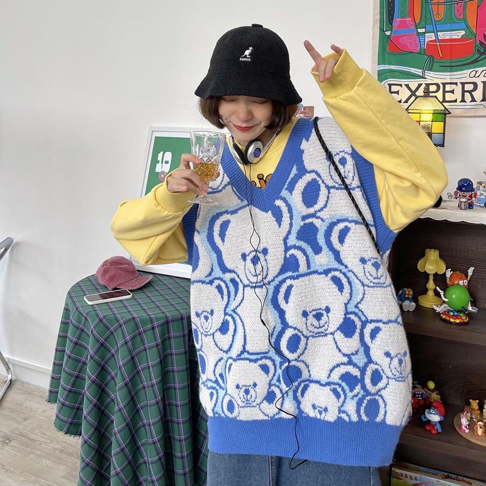 Áo dệt kim sát nách dáng rộng in hình gấu kiểu Hàn Quốc xinh xắn cho nữ