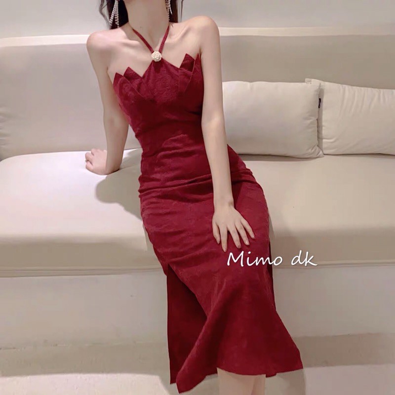 Đầm rượu vang đỏ cổ hoa sen - đầm thiết kế dây cổ đính hoa Ulzzang siêu đẹp sexy sang chảnh ❤️