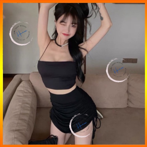 Chân Váy Mini Dây Rút Cạp Cao Chất Thun Mềm Mịn Ôm Sát Tôn Dáng Kèm Quần Trong Hanva