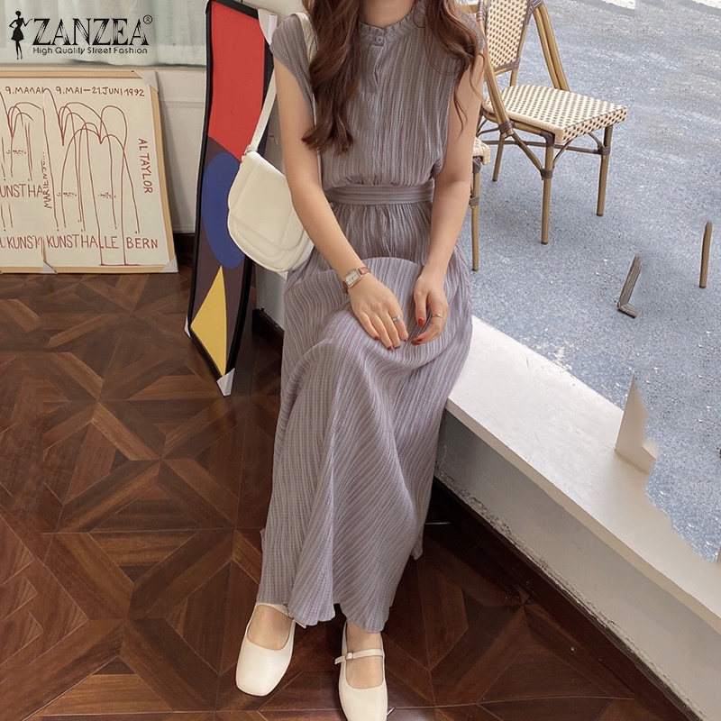 Đầm dài ZANZEA không tay cổ đứng thắt eo có thể tháo rời thời trang cho nữ