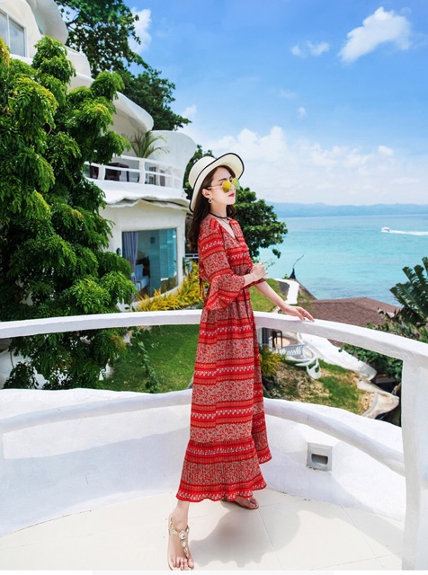 Đầm maxi chiffon mịn tay lỡ eo thun hoạ tiết hoa thổ cẩm size S M L XL | BigBuy360 - bigbuy360.vn