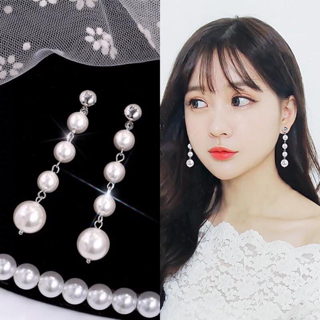 Khuyên tai treo quả trắng dài dự tiệc bạc ta