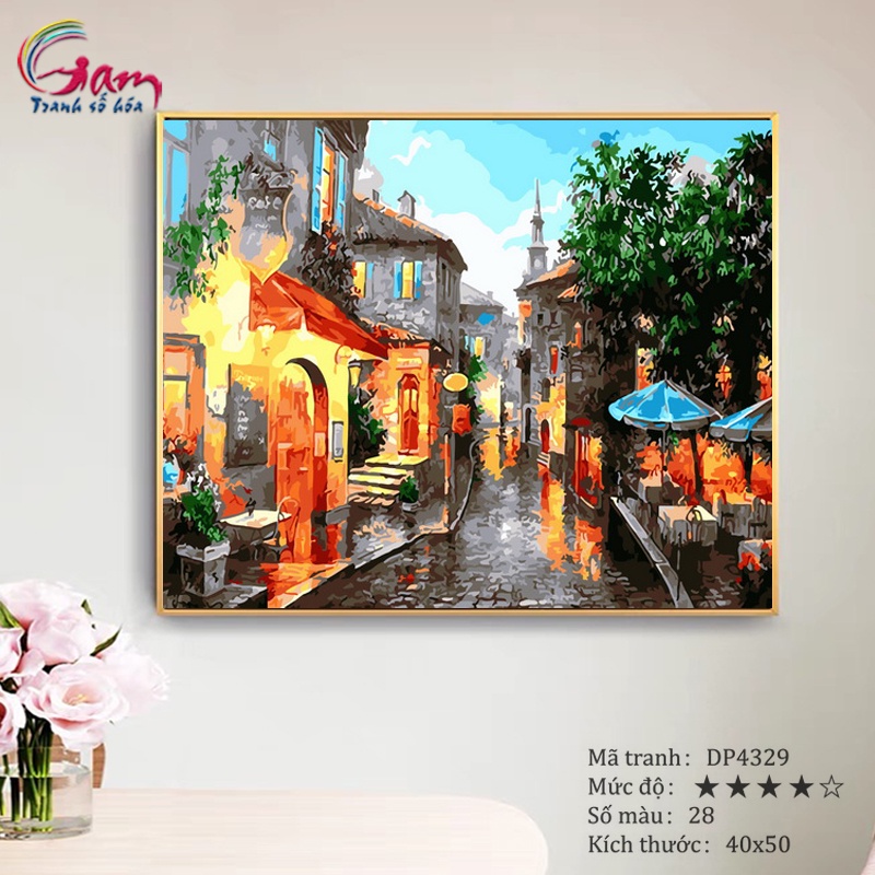 Tranh tô màu số hóa Gam phong cảnh phố cổ lên đèn có sẵn đã căng khung 40x50cm DP4329