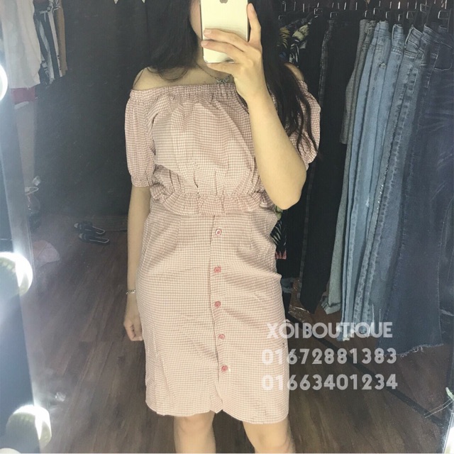 Set kẻ áo + chân váy cúc