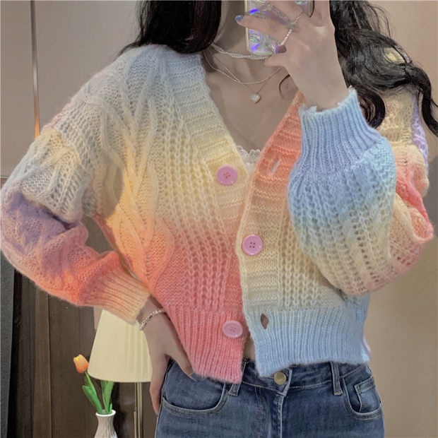 Áo cardigan ZHELIHANGFEI dệt kim tay dài cổ chữ V màu sắc gradient trẻ trung gợi cảm