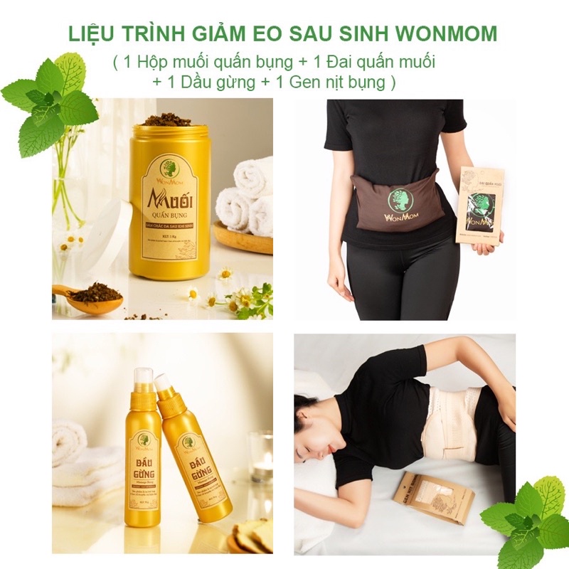 Combo Liệu trình giảm eo sau sinh Wonmom (1kg Muối , 1 Dầu gừng , 1 Gen nịt , 1 Đai quấn muối)
