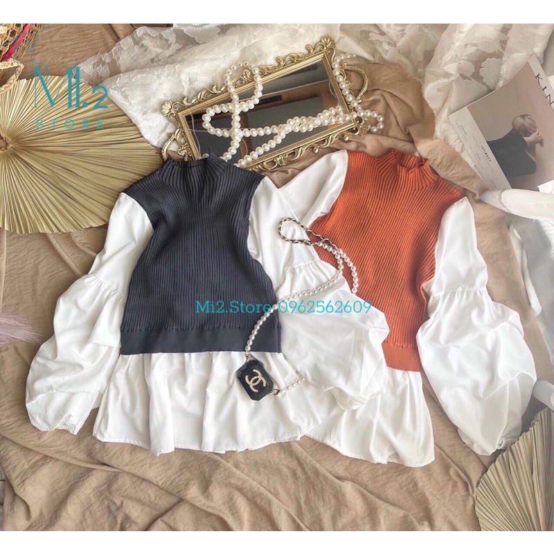 Áo peplum len phối tay kate bo phồng 💗