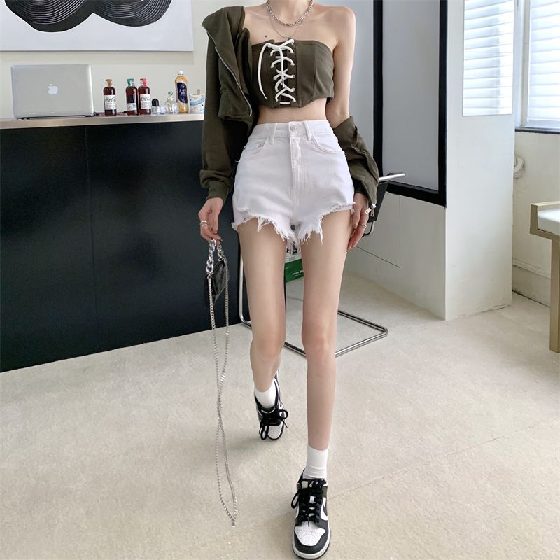 Quần Short Jean Trắng Rách Cạp Cao Ống Rộng Thời Trang Mùa Hè Phong Cách Hàn Quốc Cho Nữ
