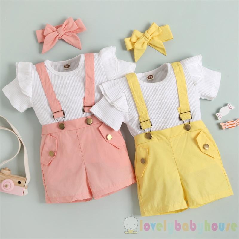 Abh Bộ Áo Thun Ngắn Tay Màu Trơn Phối Bèo + Quần Short Yếm Xinh Xắn Cho Bé Gái