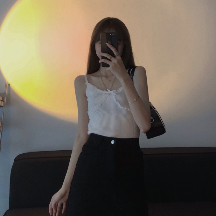 Áo dệt kim ZHELIHANGFEI 2 dây phối ren thời trang hè phong cách Hàn Quốc quyến rũ cho nữ