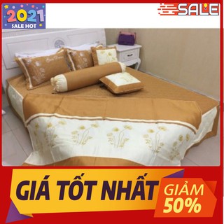 Bộ chăn ga gối cưới satin thêu hoa 7 món (MÀU VÀNG NGHỆ)