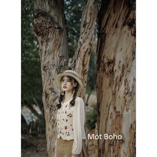 Áo móc len kem thêu hoa màu sắc MÓT BOHO