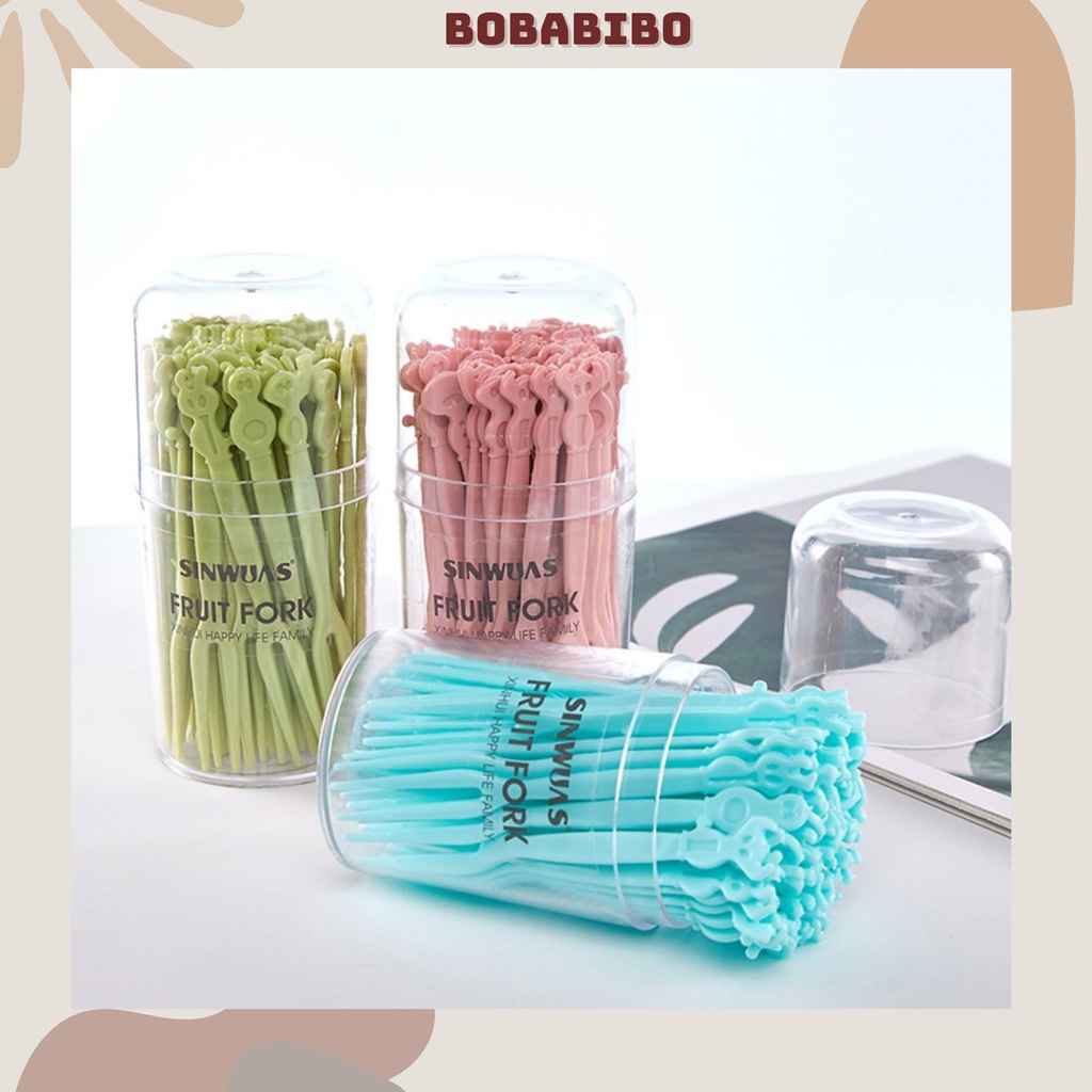 Hộp 50 Dĩa Nhựa Ăn Hoa Quả, Cắm Thức Ăn Màu Sắc Dễ Thương, Rĩa Nhựa Ăn Hoa Qủa An Toàn Dùng Một Lần Bobabibo