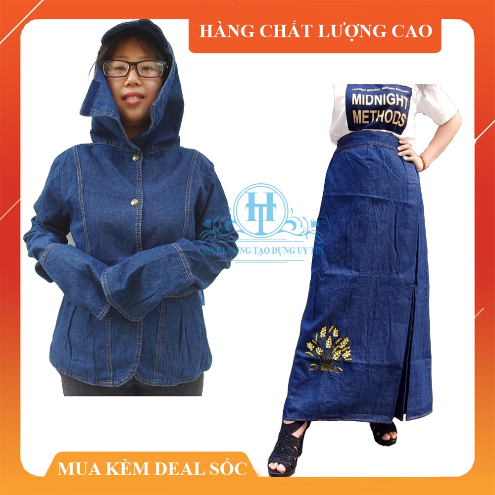 [MUA KÈM DEAL SỐC] NGUYÊN BỘ ÁO VÁY CHỐNG NẮNG JEAN - Có Áo khoác &amp; Váy chống nắng Jean thêu họa tiết Bông Lúa