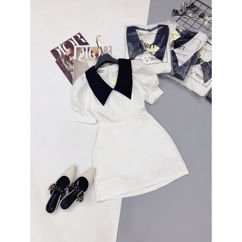 [Mã FATHANG5 giảm 10K đơn 50K] D842 Đầm Chữ A Ngắn Tay Bồng Nhẹ Pha Cổ Vest | BigBuy360 - bigbuy360.vn