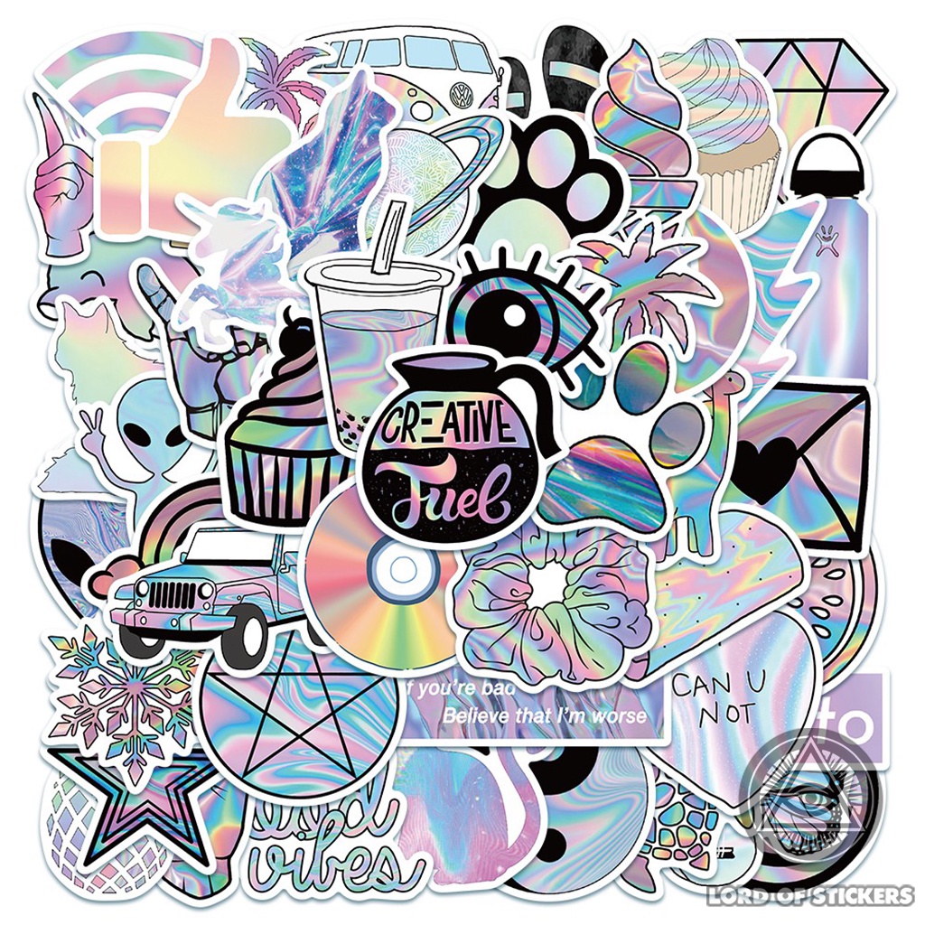 Set 50 Nhãn Dán Holographic Sticker Cute Phong Cách Hoạt Hình Nhiều Màu Sắc Chống Thấm Nước Dán Mũ Bảo Hiểm, Laptop