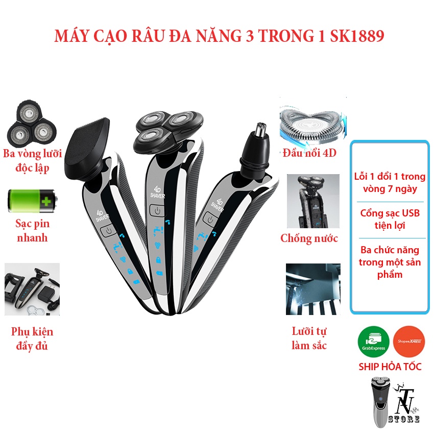 Máy cạo râu đa năng 3 trong 1 SHAVER SK1889 Sạc USB chống nước - Cạo râu,tỉa lông mũi,tông đơ - BẢO HÀNH 6 THÁNG