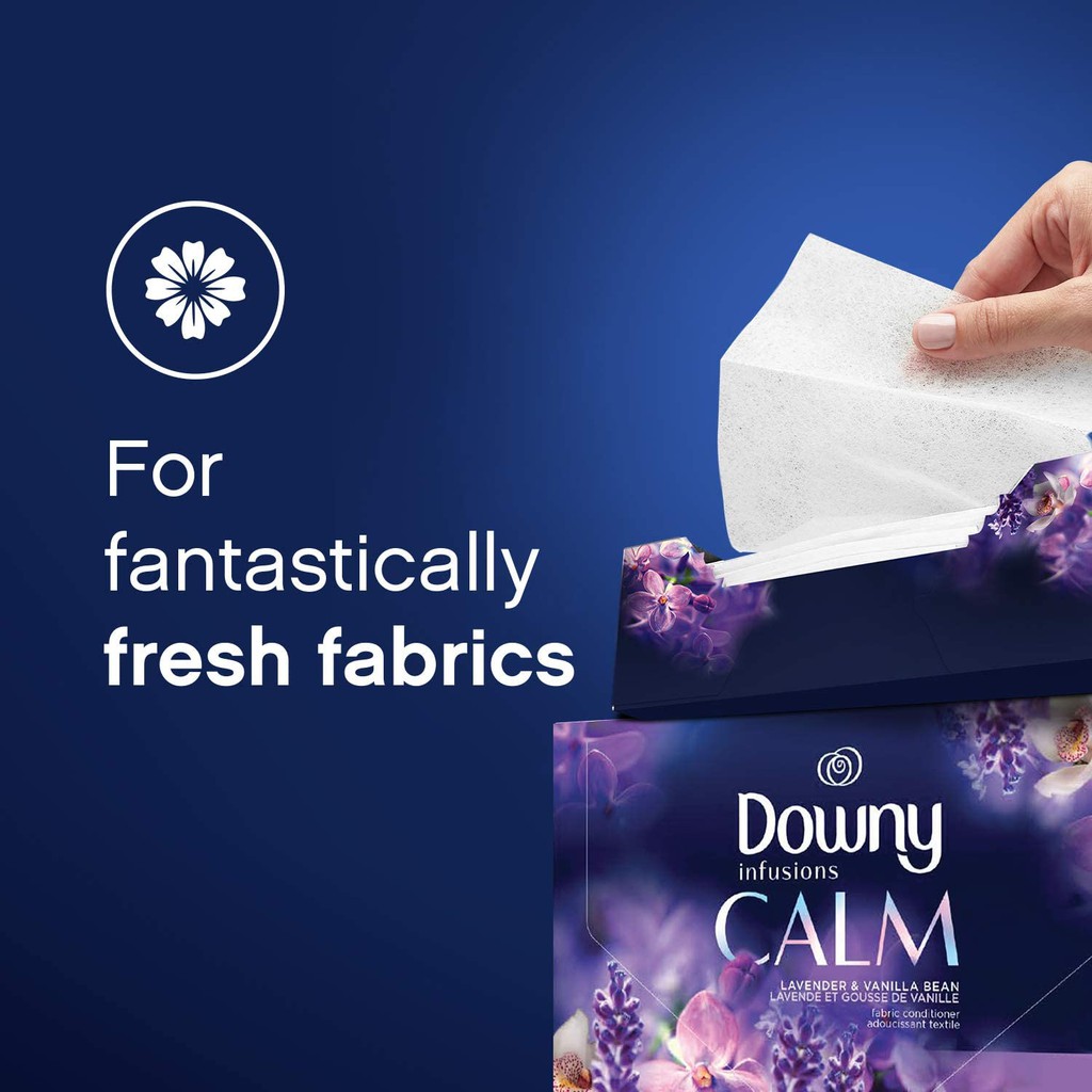 Hộp 105-200 tờ giấy thơm áo quần Downy Infusions Fabric Softener Dryer Sheets Lavender &amp; Vanilla Bean (Mỹ)