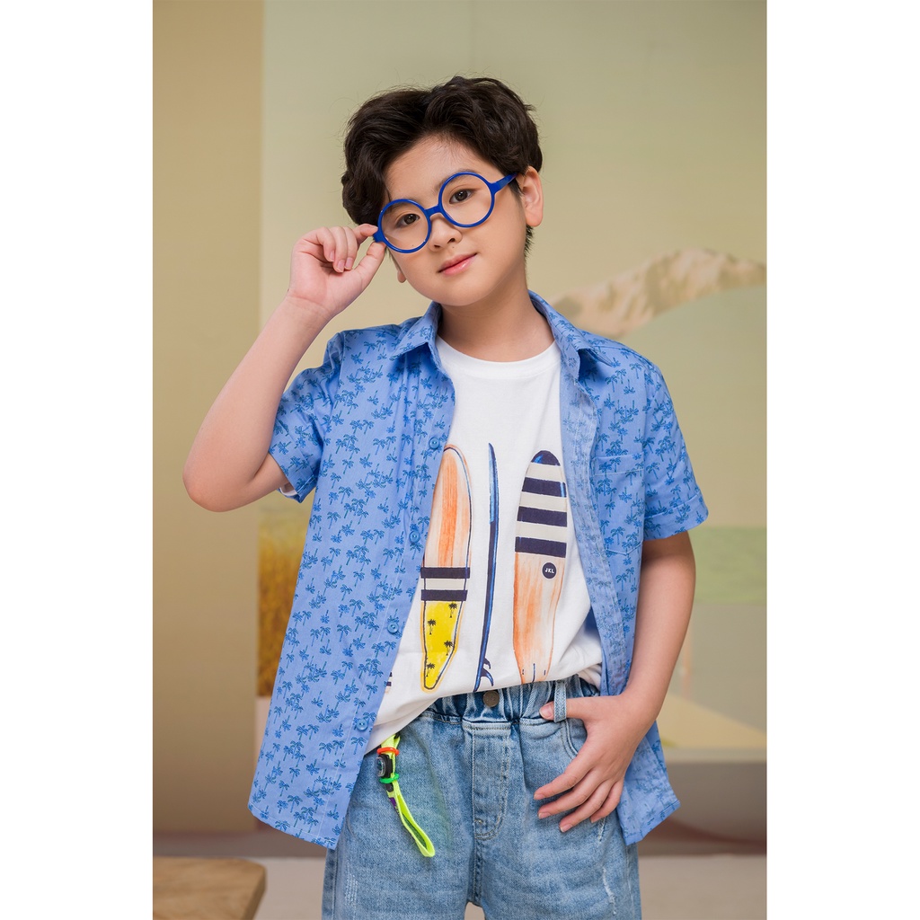 Áo sơ mi JOOKYLI bé trai màu xanh họa tiết 16B0551