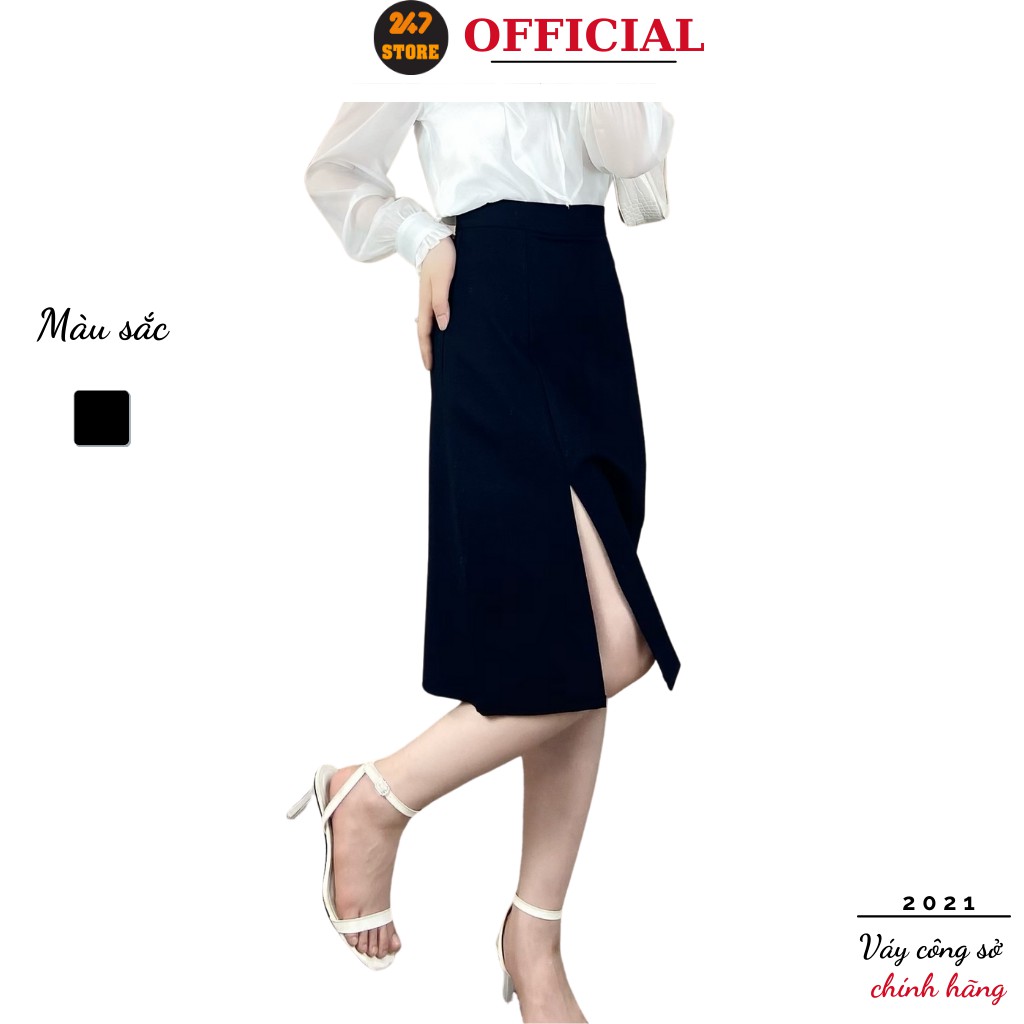 Chân váy công sở 247STORE (màu đen), dáng dài, cạp cao, xẻ trước, tôn eo, vải umi co giãn, không lộ, có quần lót trong