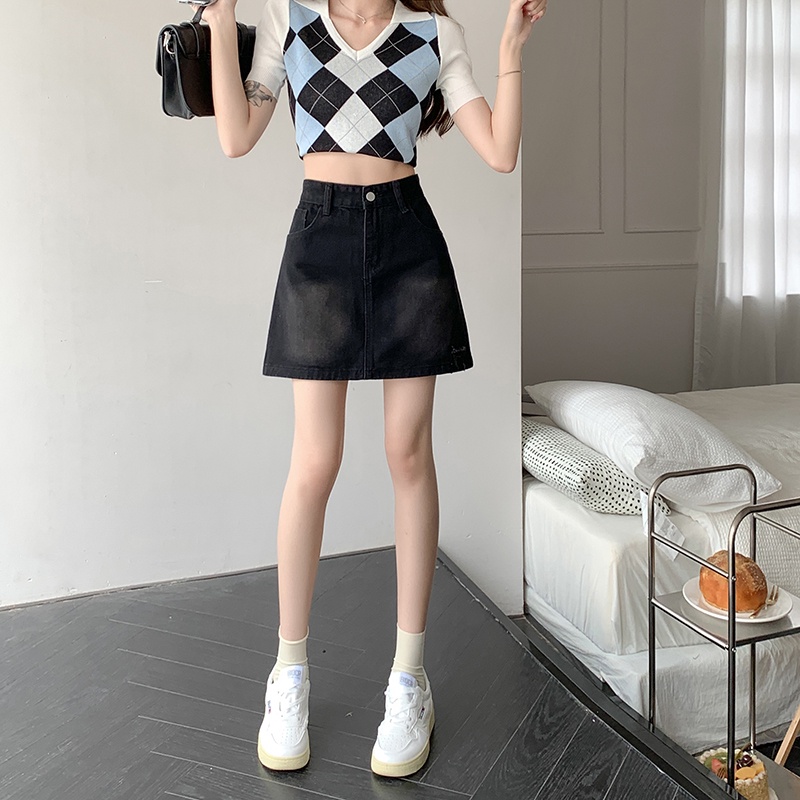 Chân váy jean Chữ a Lưng Cao Màu Xám Đen Phong Cách retro Thời Trang Hàn Quốc Cho Nữ