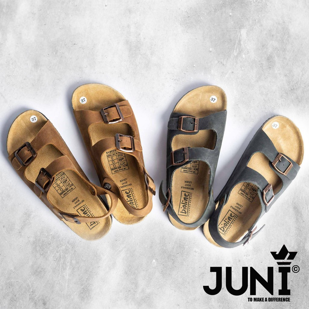 [DA BÒ THẬT] D02-Dép Sandal da bò quai ngang Birken Bioline Unisex (Đế trấu) – Juni Store