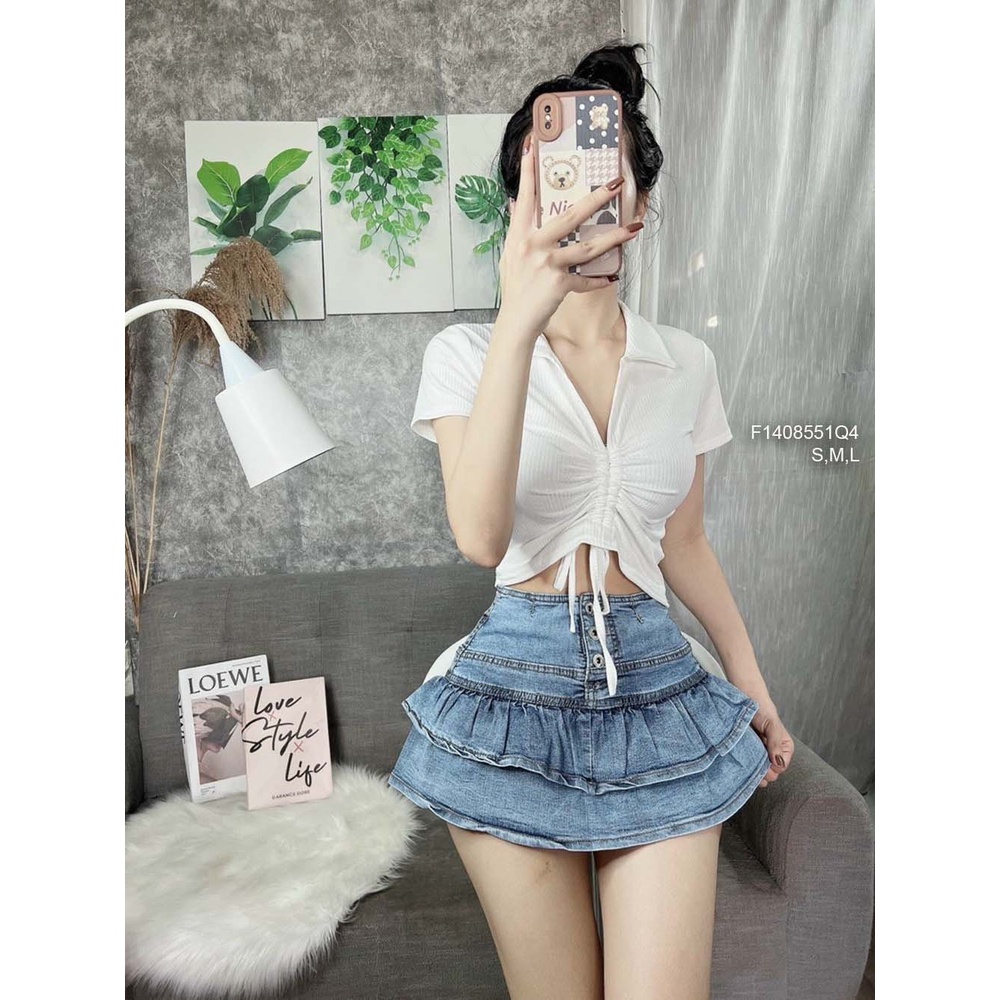Quần váy jean xòe phối bèo tầng lưng cao 3 nút hàng đẹp!