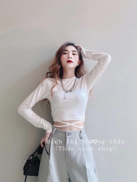 Áo croptop nữ kiểu tay dài dây quấn eo chất vải thun Borip FreeSize dưới 53kg