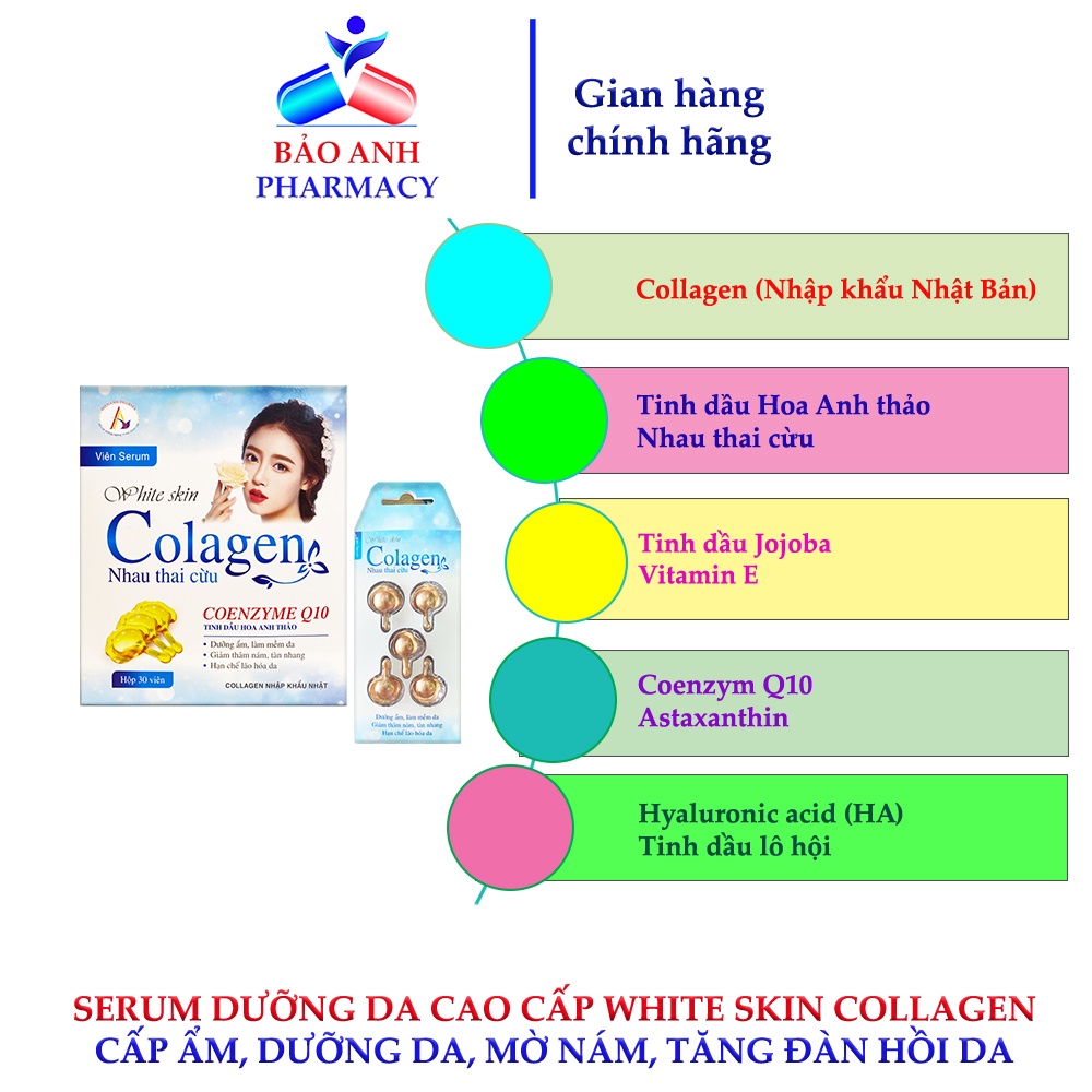 Viên serum dưỡng da cao cấp  Vitamin E, Collagen, nhau thai cừu  sáng da, mờ thâm, giảm nhăn White skin Collagen - H30v