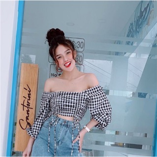 Áo croptop tay phồng caro R63