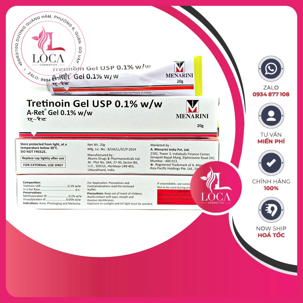 (Có Bill - date mới) A Ret USP 0.1%, 20G - Gel giảm mụn, trẻ hóa da Ấn độ - Tretinoin Gel 0.1%