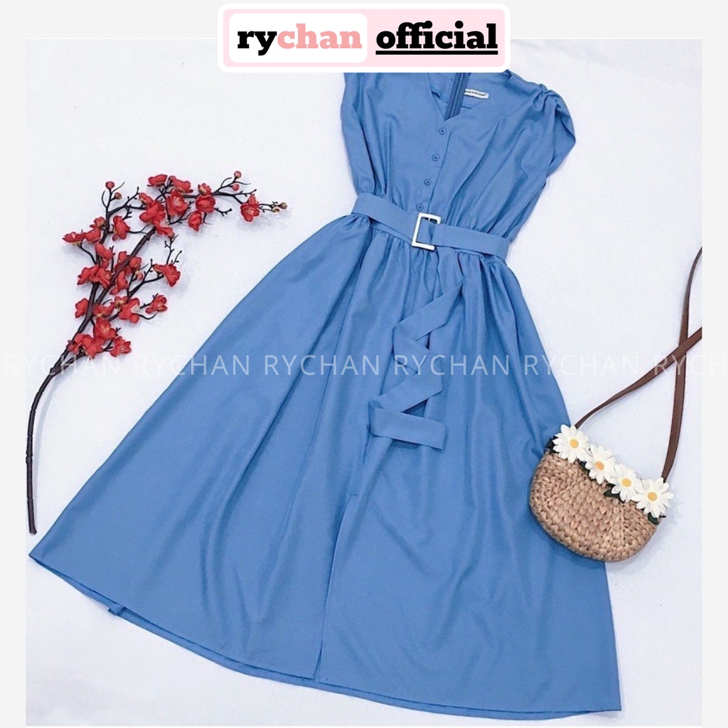 Đầm Nữ Dự Tiệc Form Dài Cổ V Tay Con Nút Trước Kèm Belt Màu Xanh Đen [ẢNH THẬT CUỐI] - DX9918