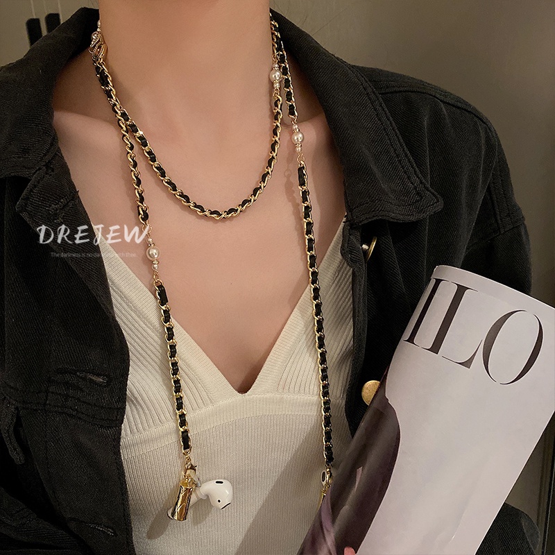 DREJEW Dây chuyền dây da đính đá ngọc trai phong cách Hàn Quốc thời trang dễ phối đồ
