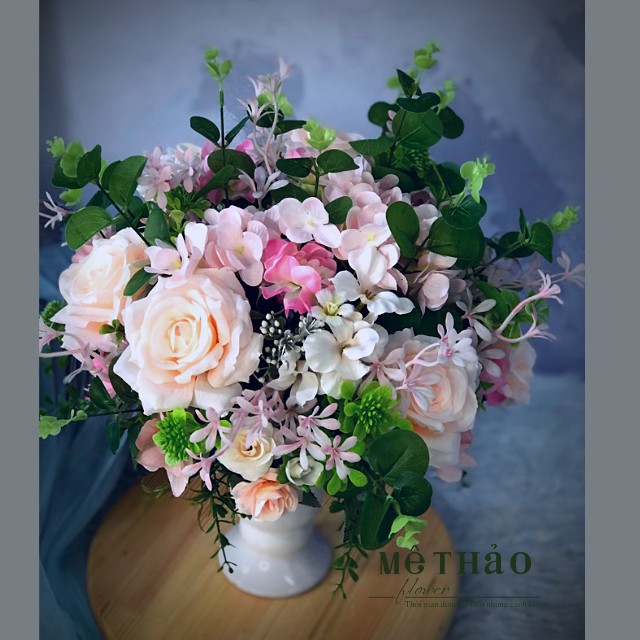 Ảnh shop chụp) Bình Hoa Giả Tone Hồng Trang Trí Nhà Cửa, Decor Phòng Khách Chất Liệu Lụa Cao Cấp Mê Thảo Flower