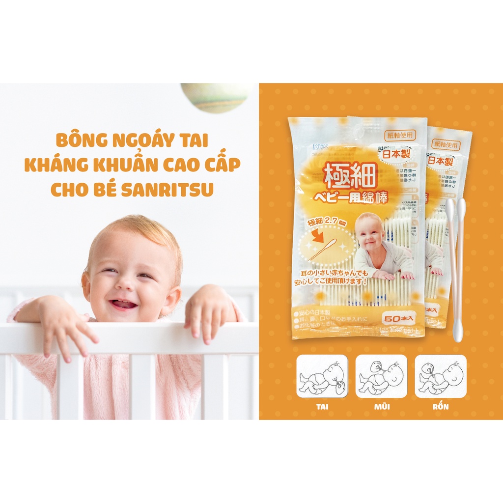 Tăm bông/ Bông ngoáy tai kháng khuẩn cao cấp cho bé Sanritsu 50 cây