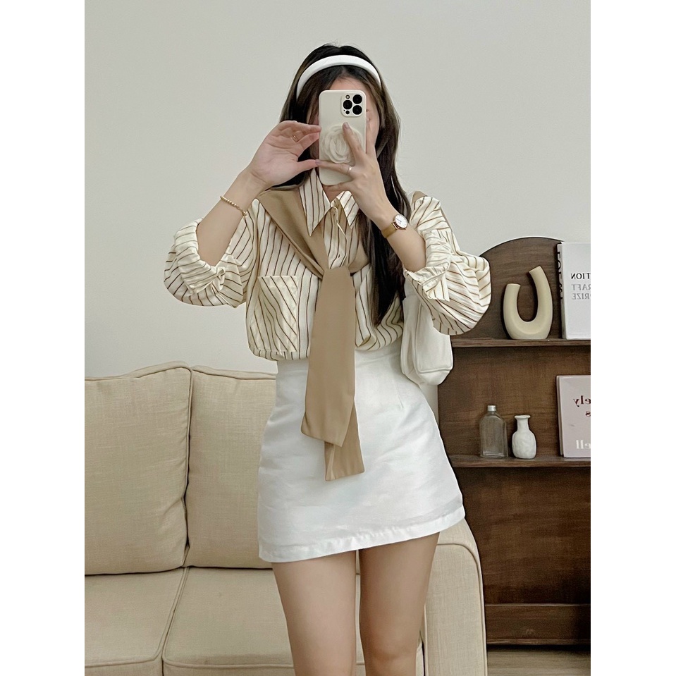 Áo sơ mi kẻ HQ kèm khăn liền áo, Áo sơ mi thủy thủ kiểu cổ quàng khăn phong cách đơn giản năng động