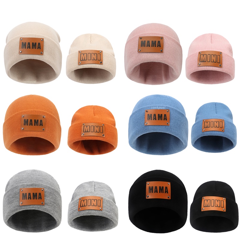 Mũ Beanie Dệt Kim Bằng Da 8 Màu Thời Trang Mùa Đông Cho Mẹ Và Bé