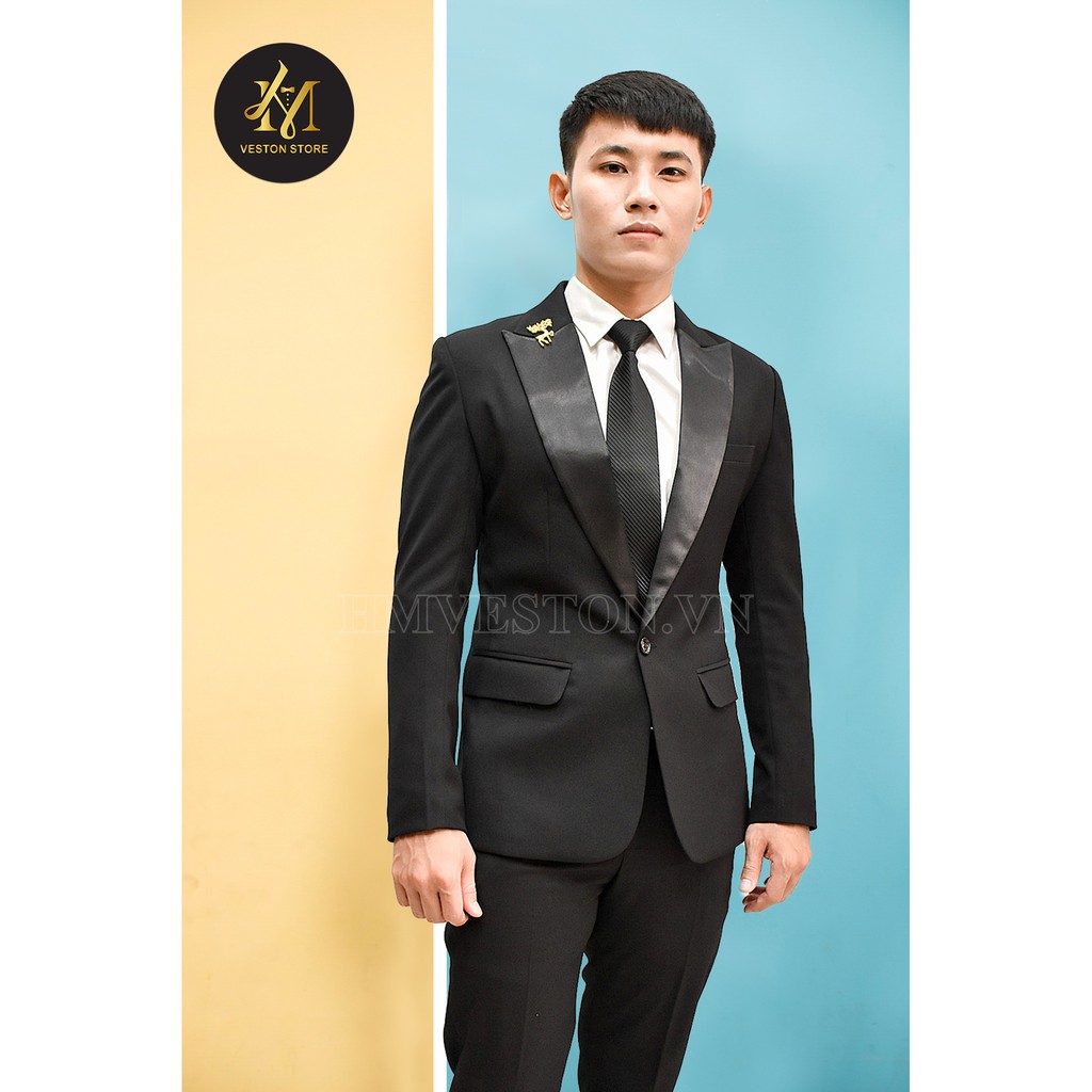 Bộ vest nam màu đen phối ve phi đen cá tính kèm cà vạt nơ