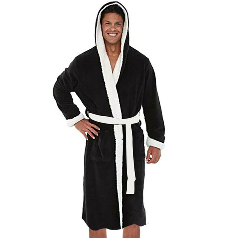 Men Hooded Bathrobe Long Sleeve Lined Soft Dressing Gown Night Wear