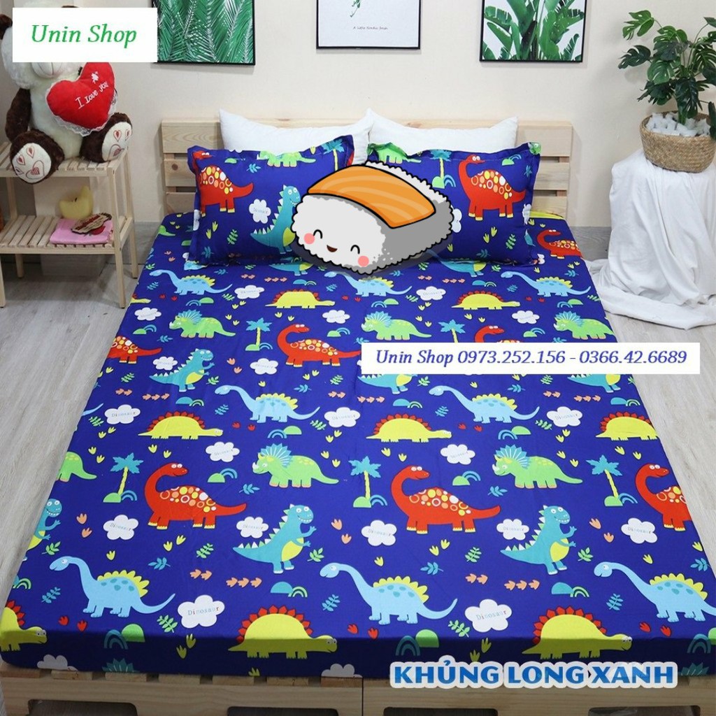 (Thanh lý) Bộ 3 món ga kèm 2 áo gối m6/m8/2m2 drap bo chun bọc nệm mẫu Vịt hồng poly cotton