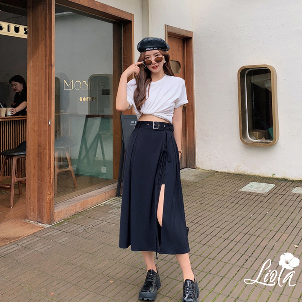 Chân váy dài đen xẻ tà cạp cao KÈM ĐAI siêu hot ( lớp lót xịn liola) | BigBuy360 - bigbuy360.vn